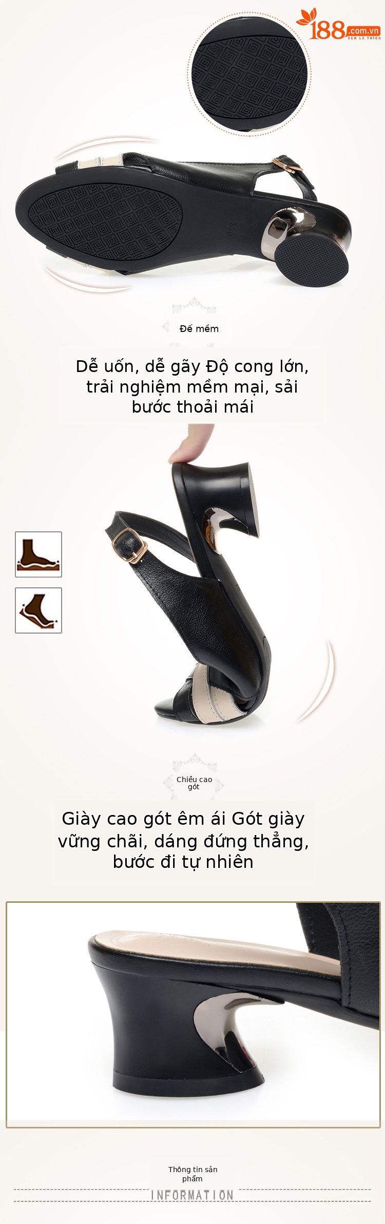 Sandal cao gót hở mũi da thật nữ gót vuông đế thô — Màu đen chi tiết 2