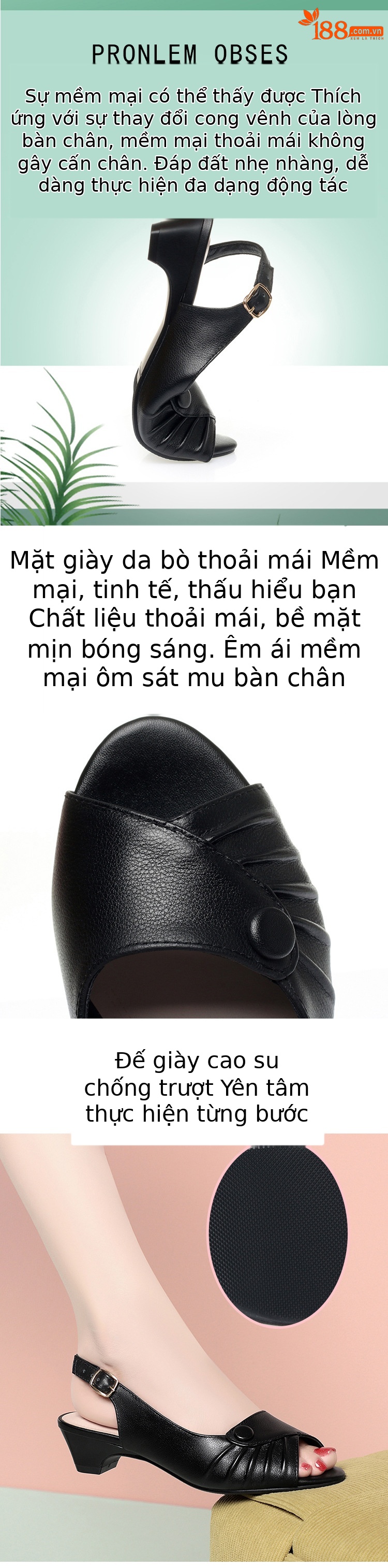 Sandal nữ quai ngang da thật gót vừa đế mềm miệng cá thời trang — Màu be chi tiết 2