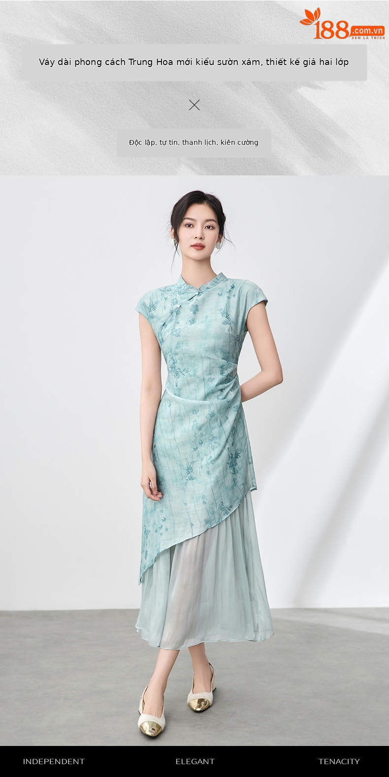 Đầm sườn xám maxi giả hai mảnh họa tiết hoa văn tối màu xếp li bóng gạc — Màu hồng chi tiết 1