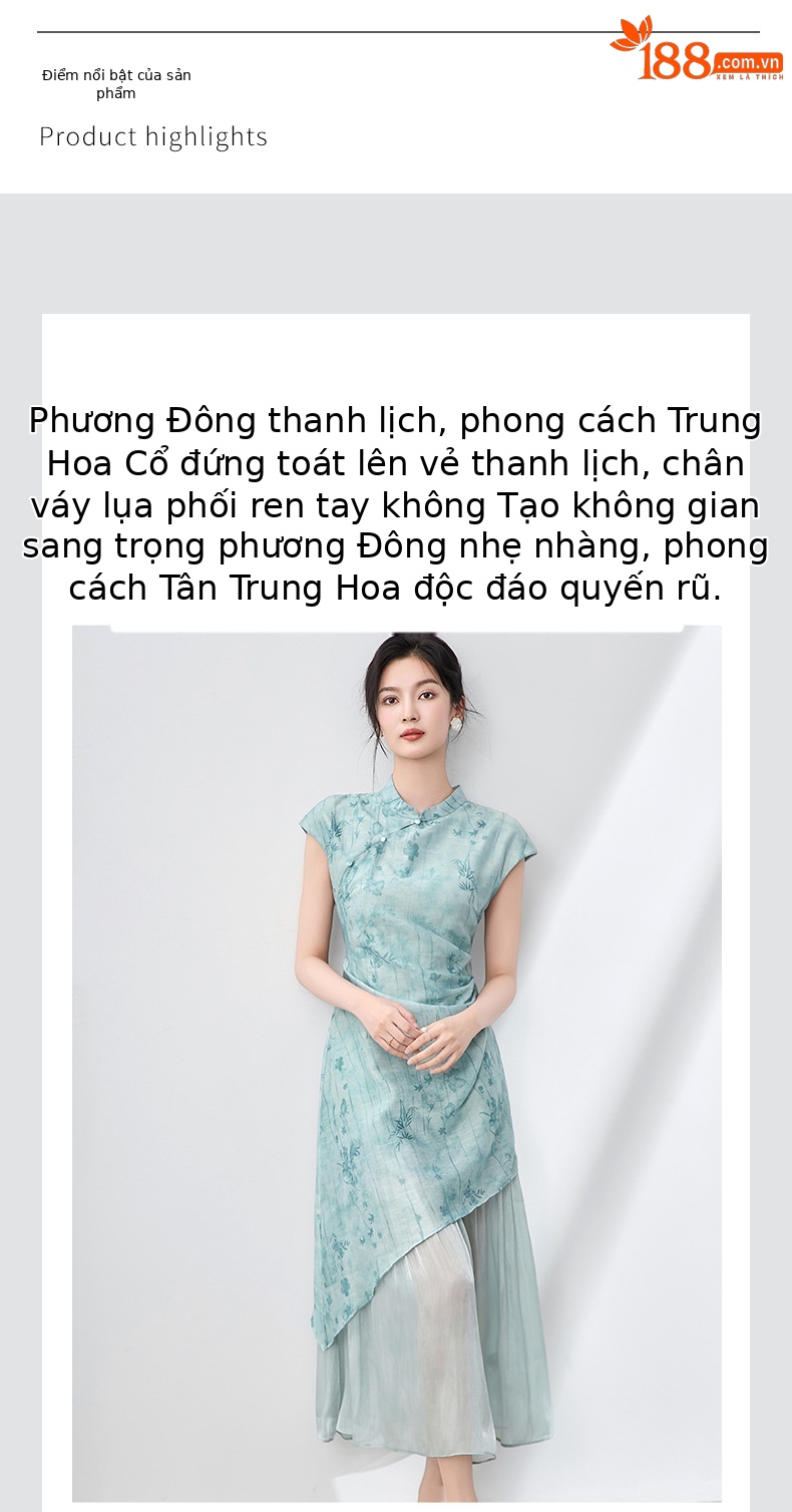 Đầm sườn xám maxi giả hai mảnh họa tiết hoa văn tối màu xếp li bóng gạc — Màu hồng chi tiết 4