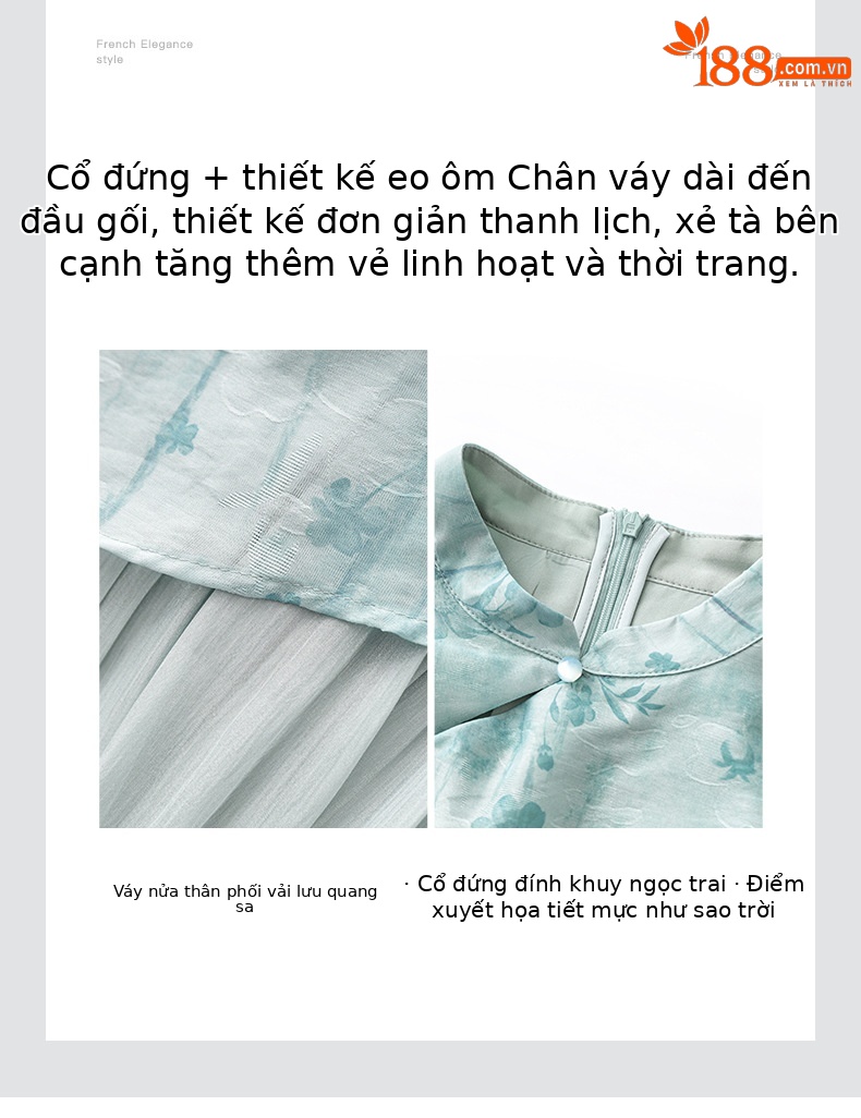 Đầm sườn xám maxi giả hai mảnh họa tiết hoa văn tối màu xếp li bóng gạc — Màu hồng chi tiết 5
