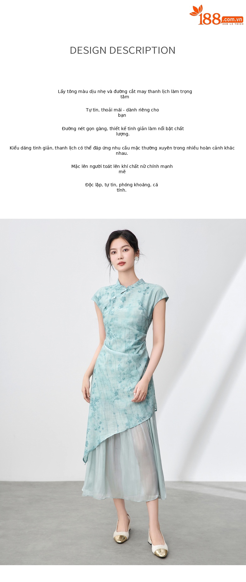 Đầm sườn xám maxi giả hai mảnh họa tiết hoa văn tối màu xếp li bóng gạc — Màu hồng chi tiết 2