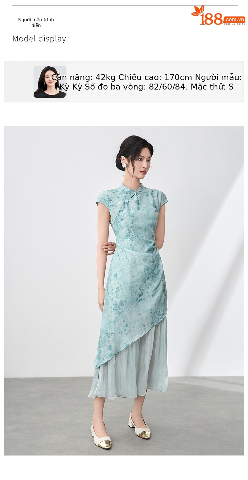 Đầm sườn xám maxi giả hai mảnh họa tiết hoa văn tối màu xếp li bóng gạc — Màu hồng chi tiết 6