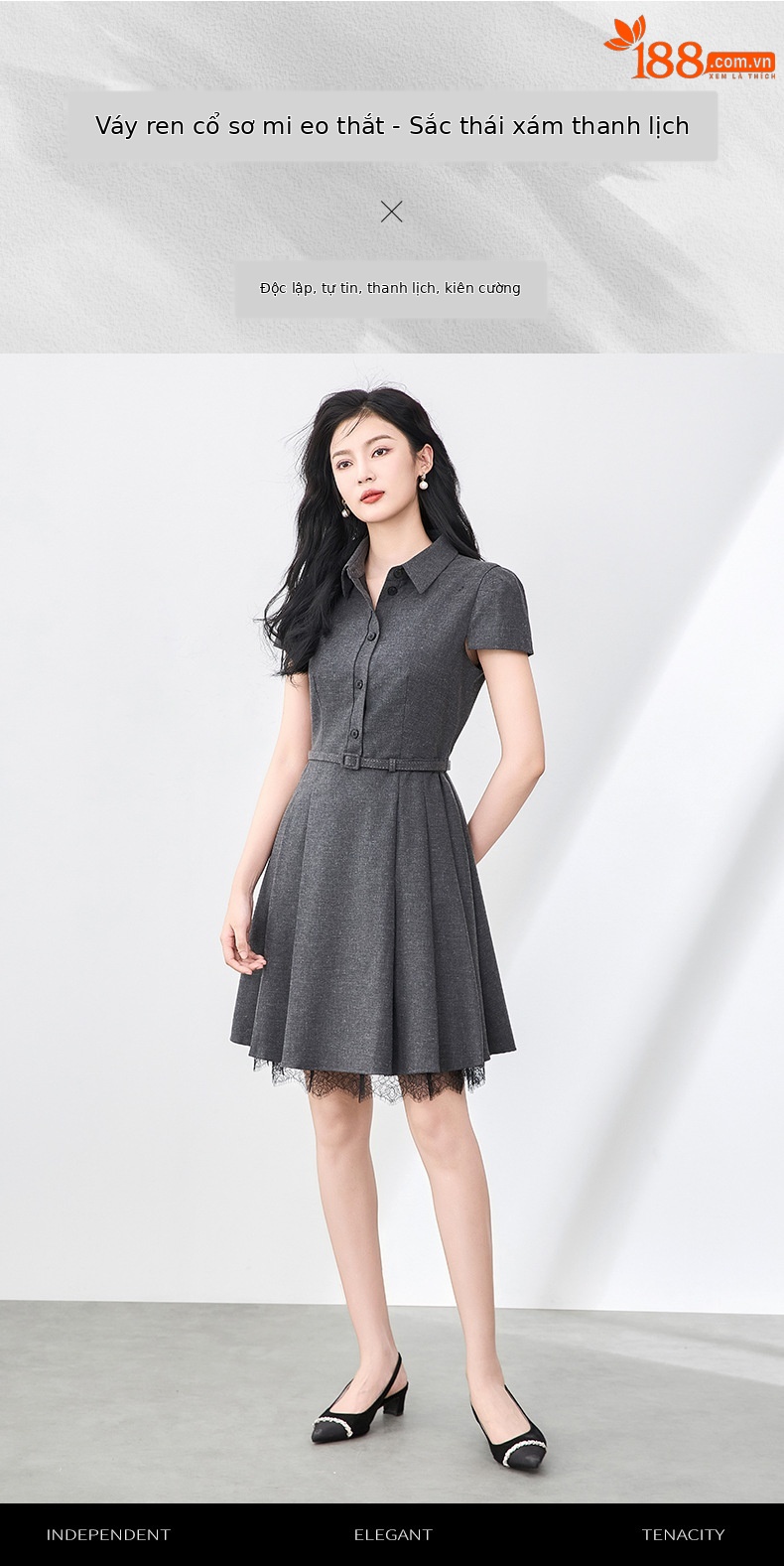 Đầm nữ tay ngắn cổ ve phối ren xếp ly eo retro — Màu xám đậm chi tiết 1