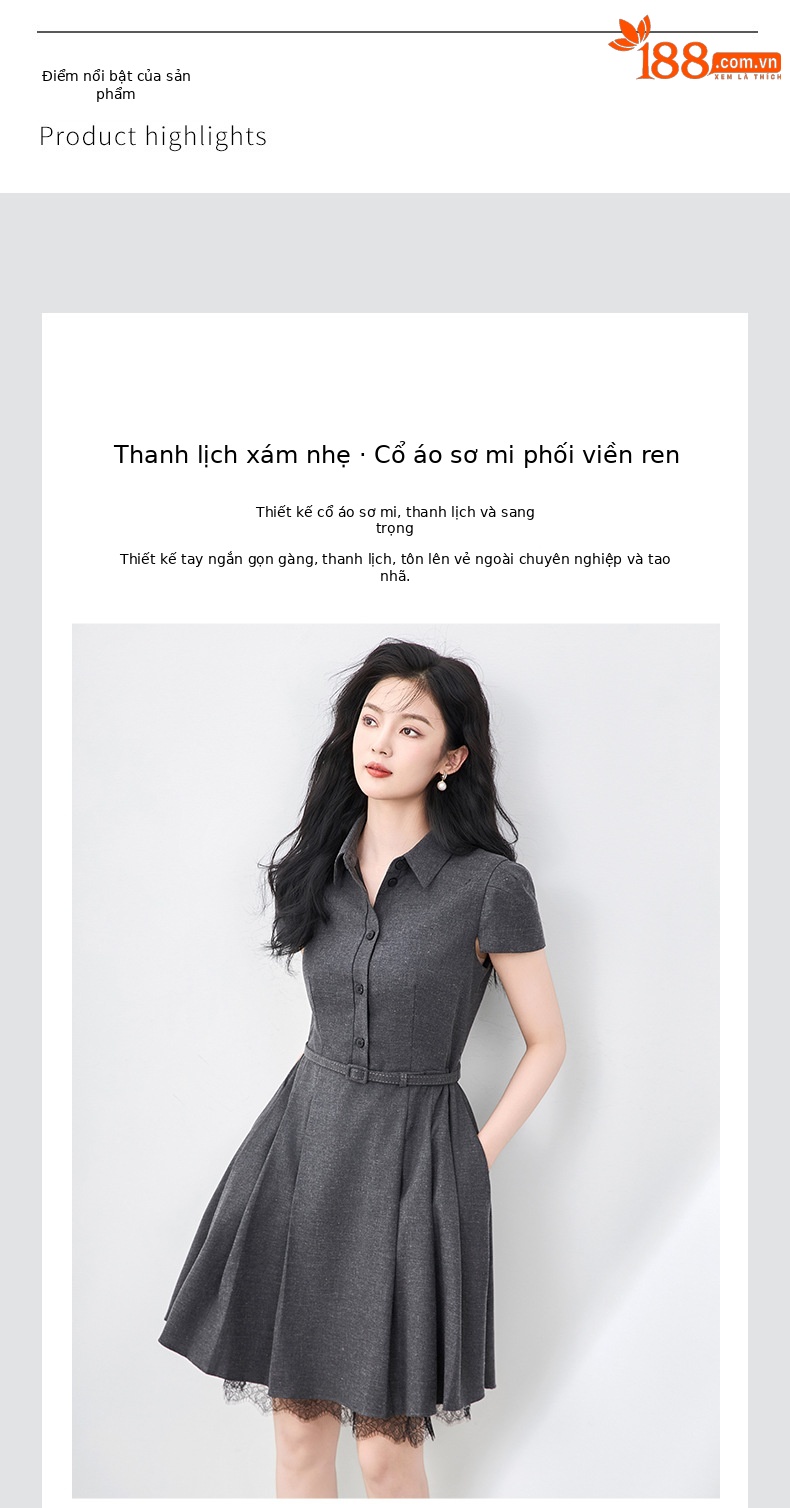 Đầm nữ tay ngắn cổ ve phối ren xếp ly eo retro — Màu xám đậm chi tiết 4