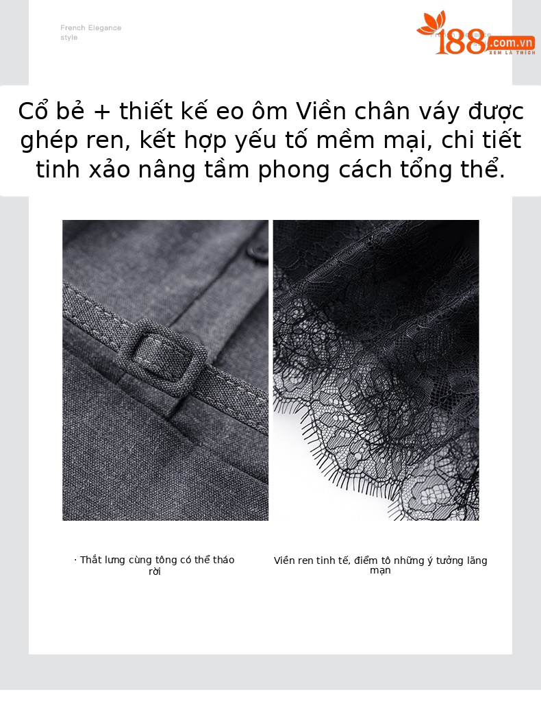 Đầm nữ tay ngắn cổ ve phối ren xếp ly eo retro — Màu xám đậm chi tiết 5