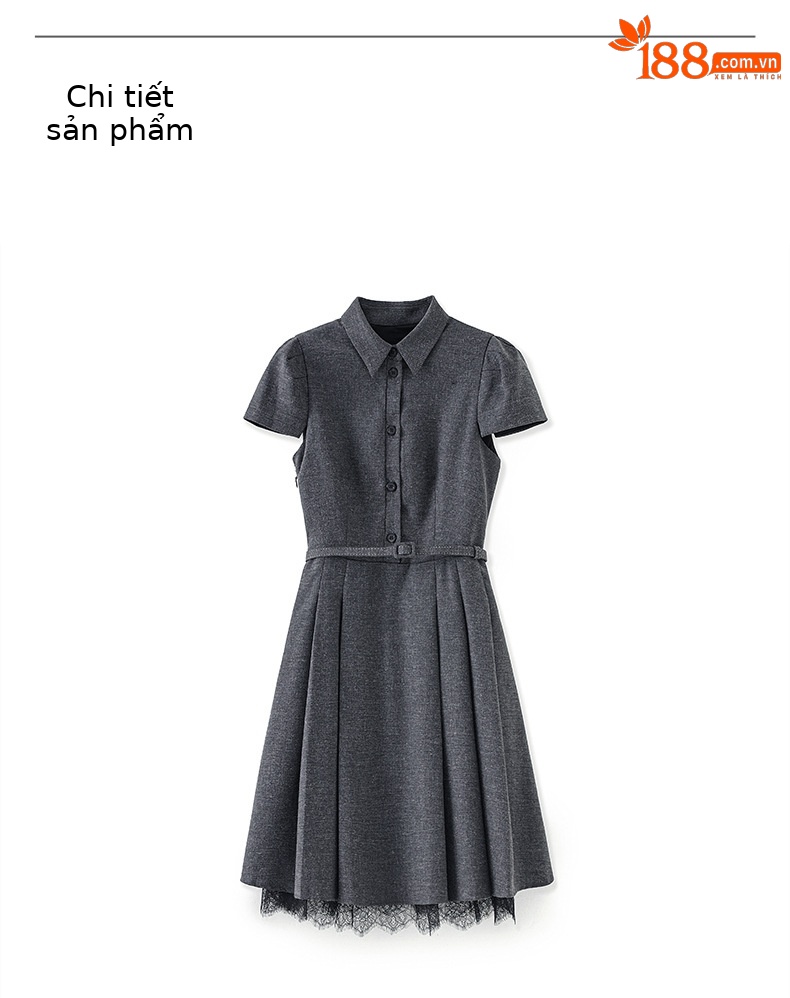 Đầm nữ tay ngắn cổ ve phối ren xếp ly eo retro — Màu xám đậm chi tiết 10