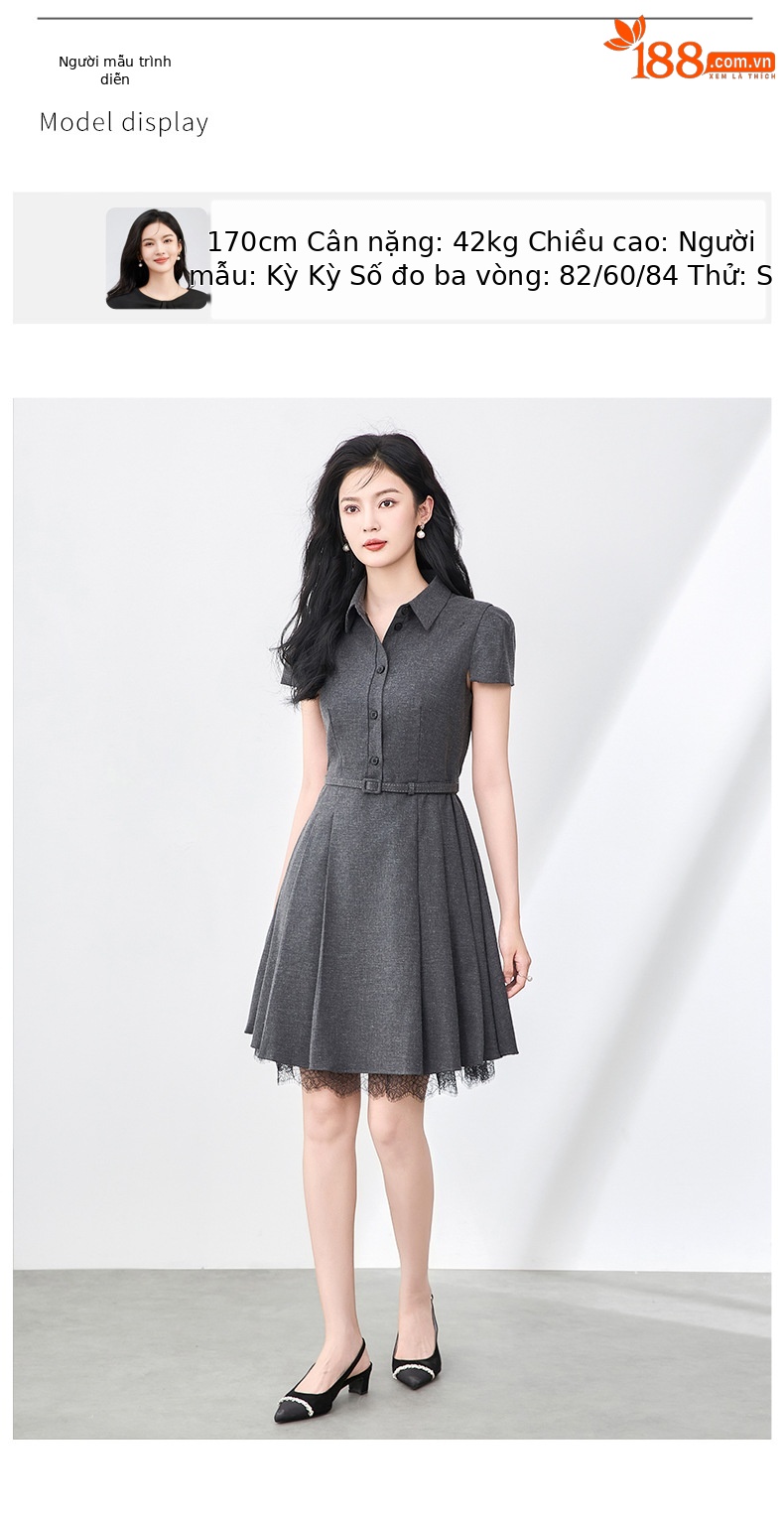 Đầm nữ tay ngắn cổ ve phối ren xếp ly eo retro — Màu xám đậm chi tiết 6