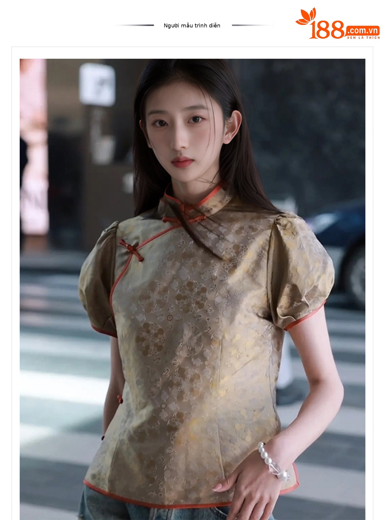 Áo sơ mi nữ cổ đứng tay bồng thêu họa tiết jacquard phong cách Trung Hoa mới — Hồng đào chi tiết 1