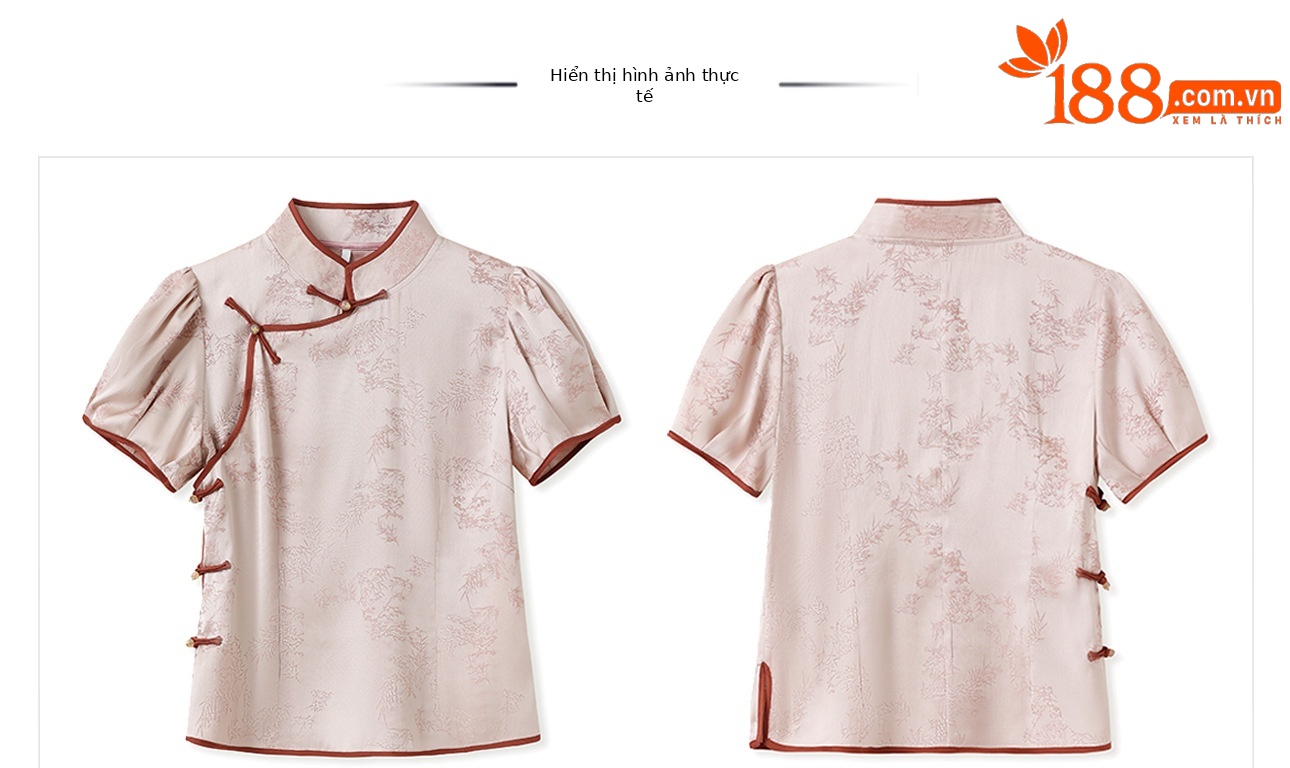 Áo sơ mi nữ cổ đứng tay bồng thêu họa tiết jacquard phong cách Trung Hoa mới — Hồng đào chi tiết 4