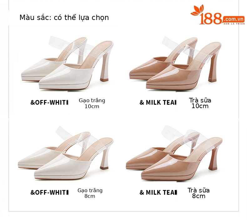 Dép cao gót nữ mũi nhọn bít trong suốt, gót 8 cm — Màu trà sữa-8cm chi tiết 1
