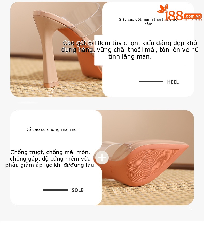 Dép cao gót nữ mũi nhọn bít trong suốt, gót 8 cm — Màu trà sữa-8cm chi tiết 3