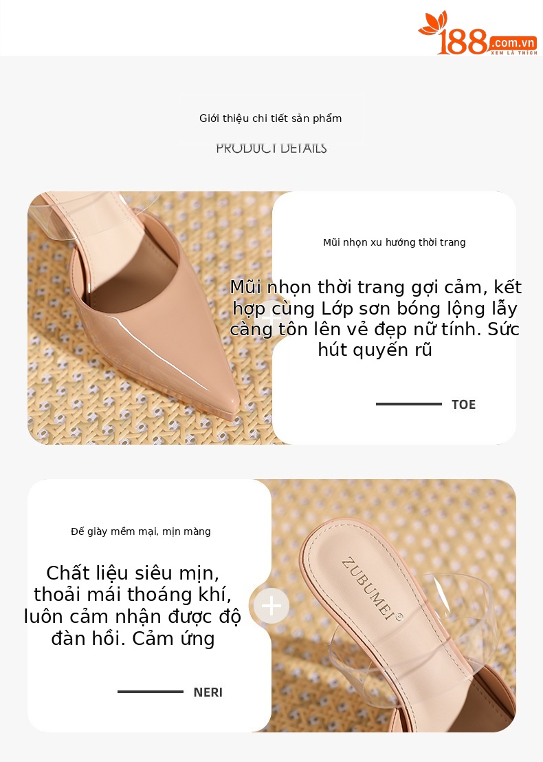 Dép cao gót nữ mũi nhọn bít trong suốt, gót 8 cm — Màu trà sữa-8cm chi tiết 2