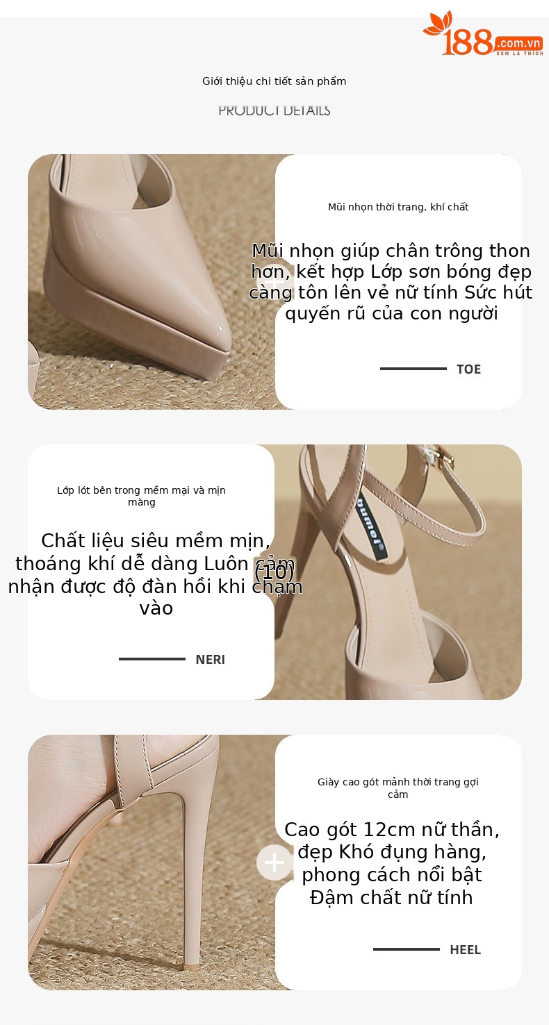 Giày cao gót nữ mũi nhọn gót 12 cm, đế chống thấm nước, phong cách cổ điển — Màu hồng nude chi tiết 2