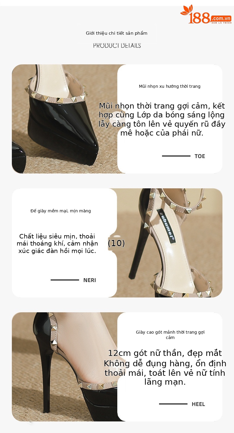 Giày cao gót mũi nhọn đinh tán gợi cảm, gót 12 cm, đế chống thấm nước — Màu đen chi tiết 1