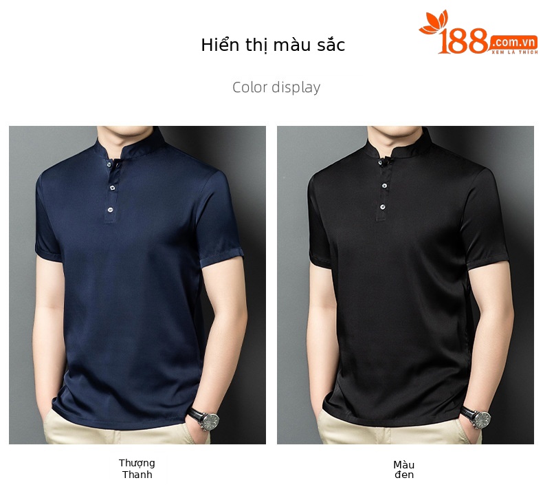 Áo thun nam tay ngắn cổ tròn chất lụa tơ tằm thoáng mát — Màu đen 6136 chi tiết 7