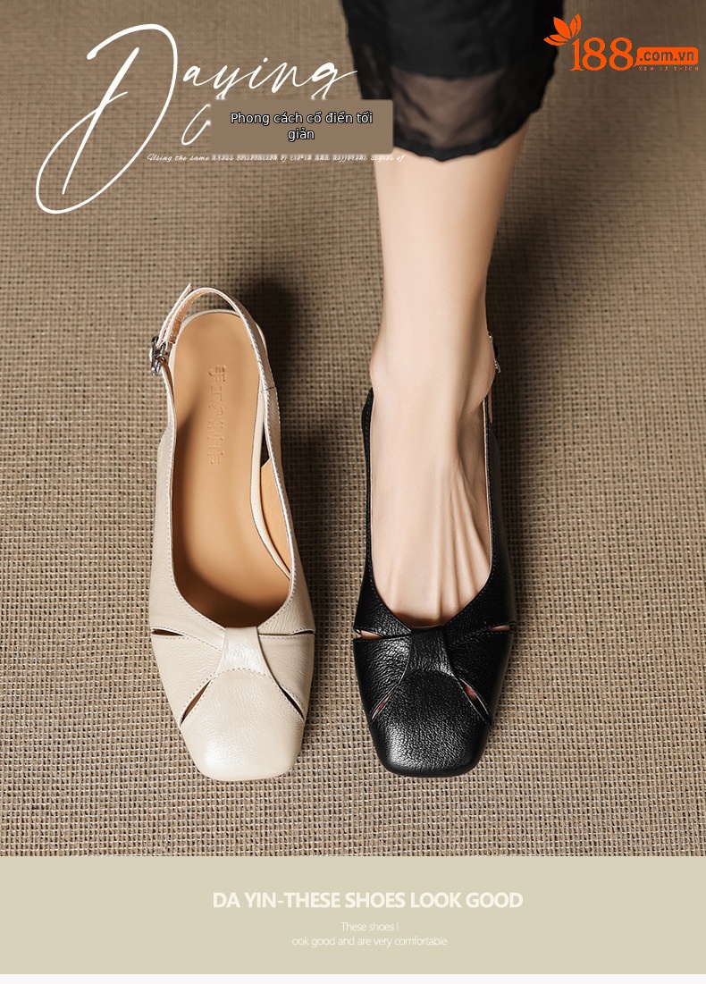 Sandal nữ mũi vuông da cừu hở mũi gót vừa dày — đen chi tiết 1