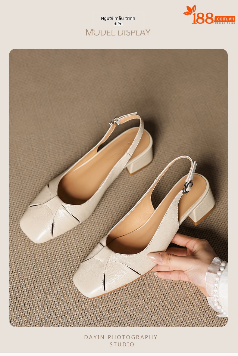 Sandal nữ mũi vuông da cừu hở mũi gót vừa dày — đen chi tiết 4