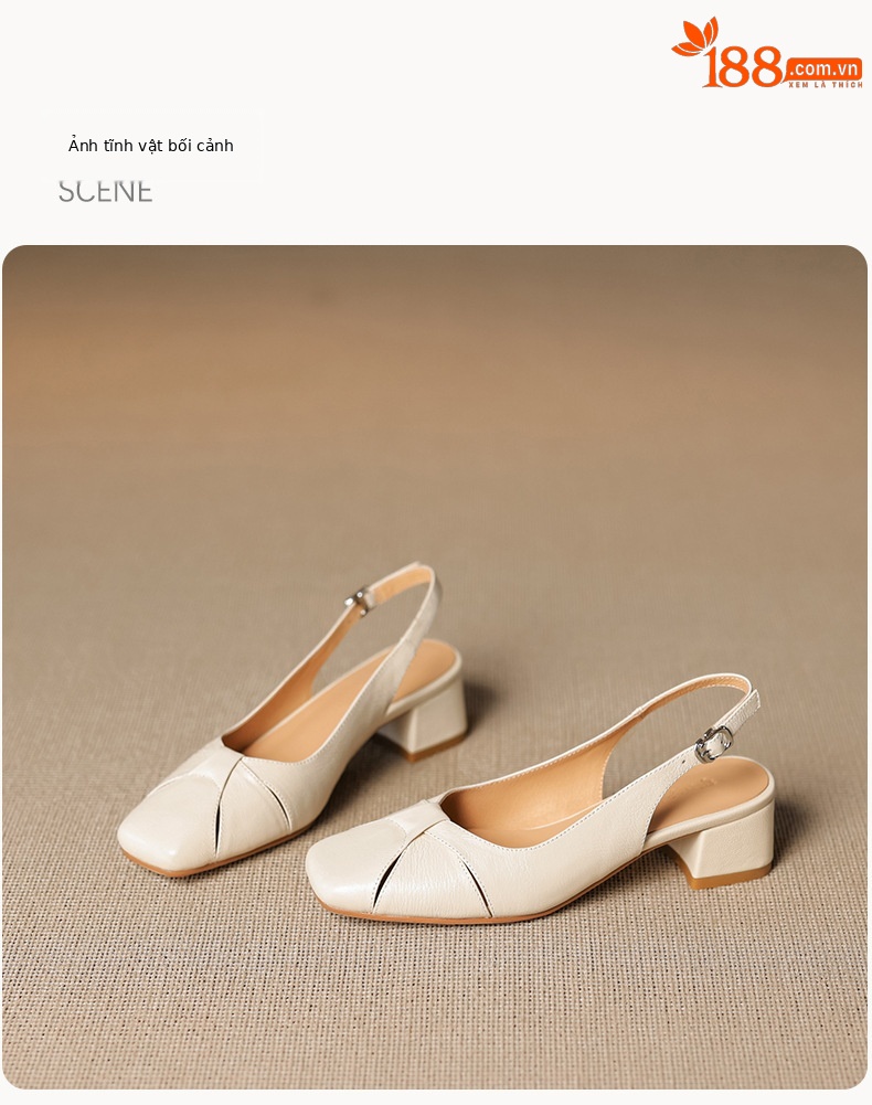 Sandal nữ mũi vuông da cừu hở mũi gót vừa dày — đen chi tiết 18