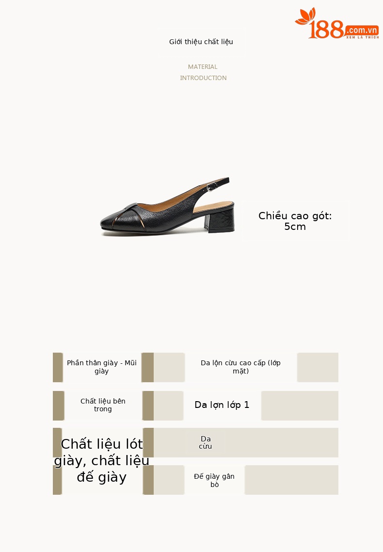Sandal nữ mũi vuông da cừu hở mũi gót vừa dày — đen chi tiết 3