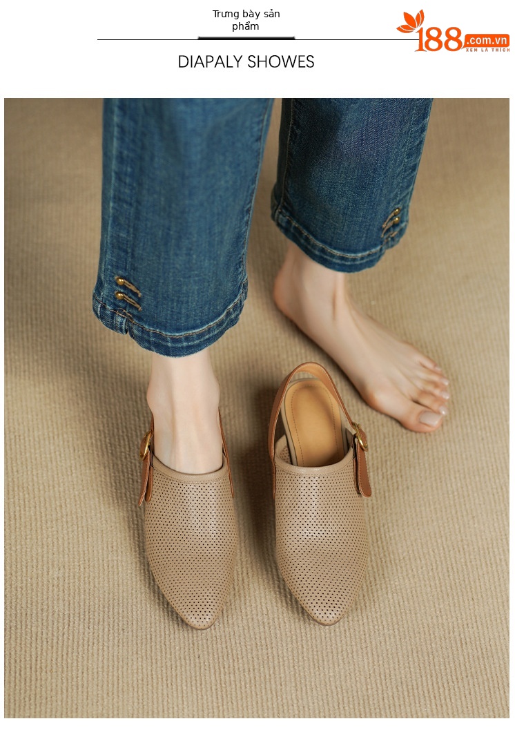 Dép sandal nữ quai chữ V đế xuồng mũi nhọn, gót trung bình, thiết kế lỗ thoáng khí — Màu trắng nhạt chi tiết 2