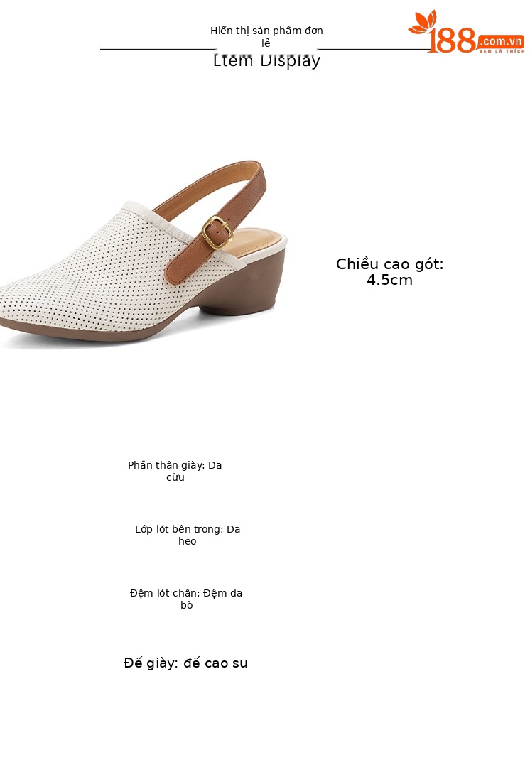 Dép sandal nữ quai chữ V đế xuồng mũi nhọn, gót trung bình, thiết kế lỗ thoáng khí — Màu trắng nhạt chi tiết 3