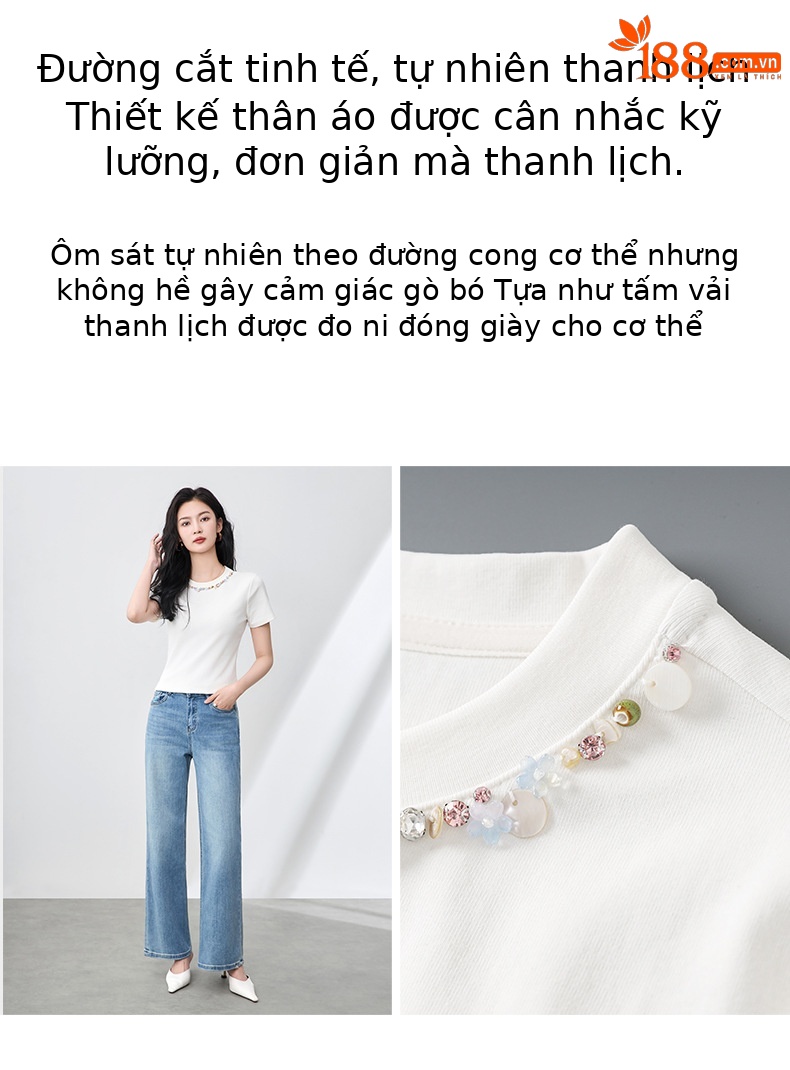 Áo thun cổ tròn đính cườm ốc xà cừ nữ tay ngắn ôm dáng — Màu trắng chi tiết 7