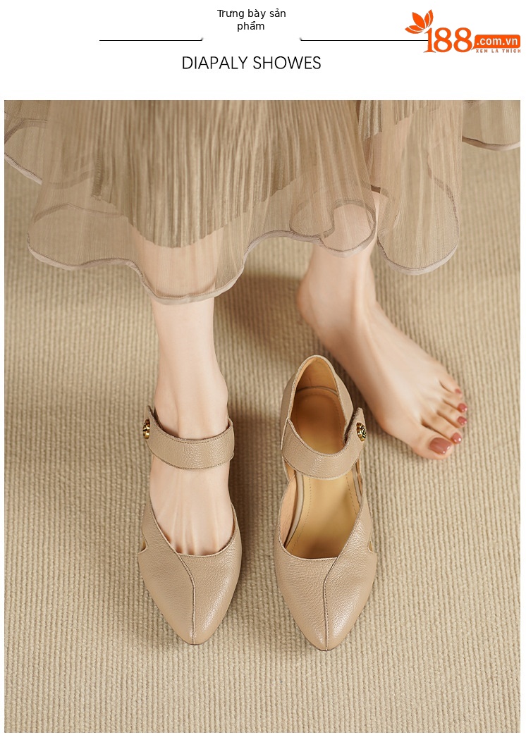 Sandal nữ đế xuồng mũi nhọn da cừu, gót 7 cm, phong cách retro — Màu trắng nhạt chi tiết 2