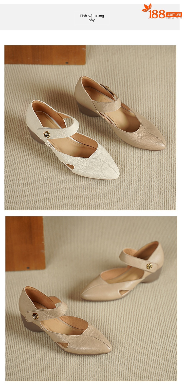 Sandal nữ đế xuồng mũi nhọn da cừu, gót 7 cm, phong cách retro — Màu trắng nhạt chi tiết 8