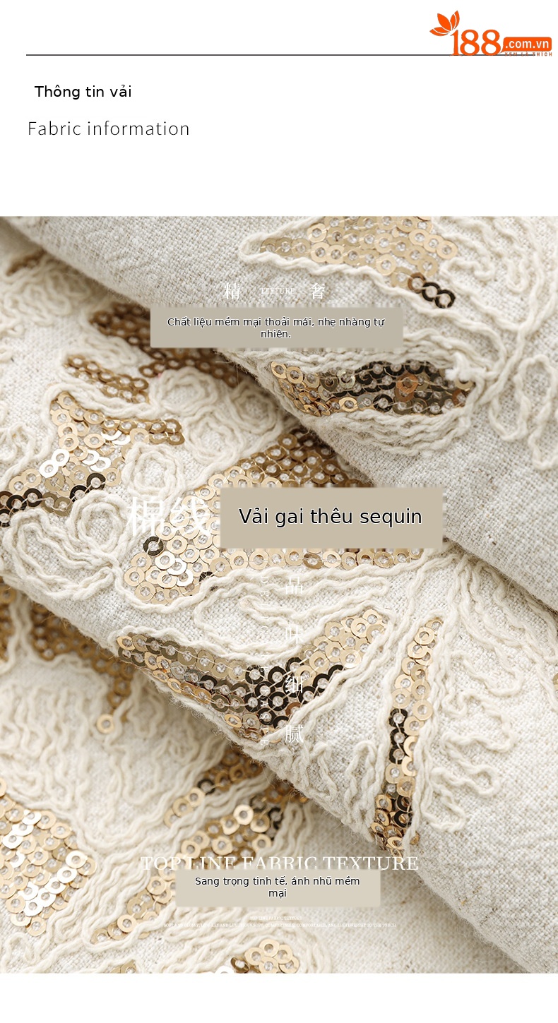 Váy ngắn tay nữ cổ tròn thêu sequin nặng phong cách phương Tây — Màu be chi tiết 3