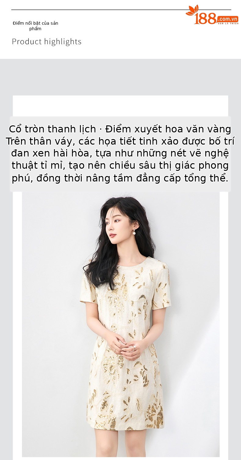 Váy ngắn tay nữ cổ tròn thêu sequin nặng phong cách phương Tây — Màu be chi tiết 4