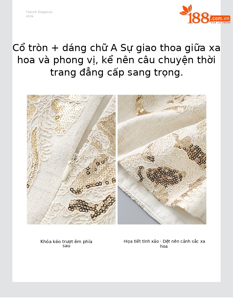 Váy ngắn tay nữ cổ tròn thêu sequin nặng phong cách phương Tây — Màu be chi tiết 5