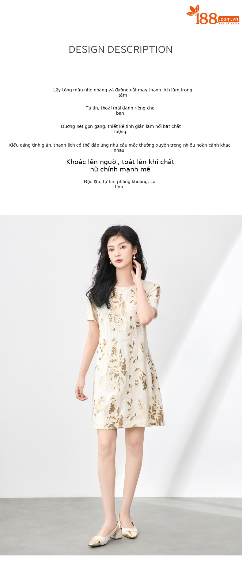 Váy ngắn tay nữ cổ tròn thêu sequin nặng phong cách phương Tây — Màu be chi tiết 2