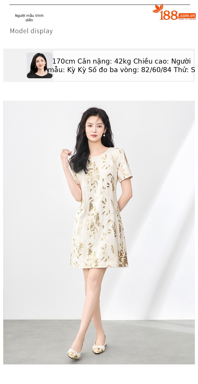 Váy ngắn tay nữ cổ tròn thêu sequin nặng phong cách phương Tây — Màu be chi tiết 6
