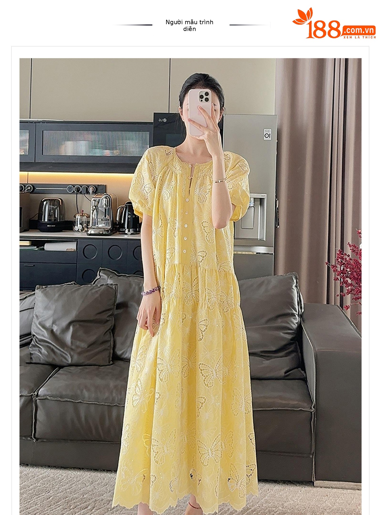 Váy dài thêu bướm phong cách thanh lịch dáng rộng mùa hè ZX N4071 — Màu vàng mù tạt chi tiết 1