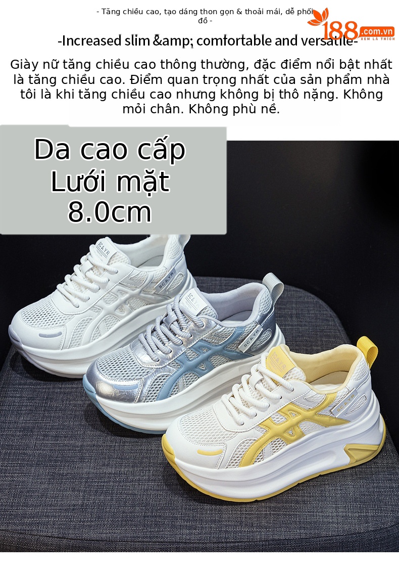 Giày sneaker nữ đế dày tăng chiều cao phong cách Agan, mẫu mới hè 2026 — M2852 Màu be, M2852 màu xanh lam, M2852 Màu vàng chi tiết 2