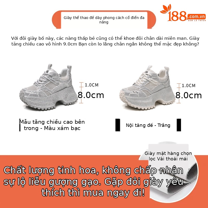 Giày sneaker nữ đế dày phối đá đính đầy mặt lưới thoáng khí — Xám bạc
