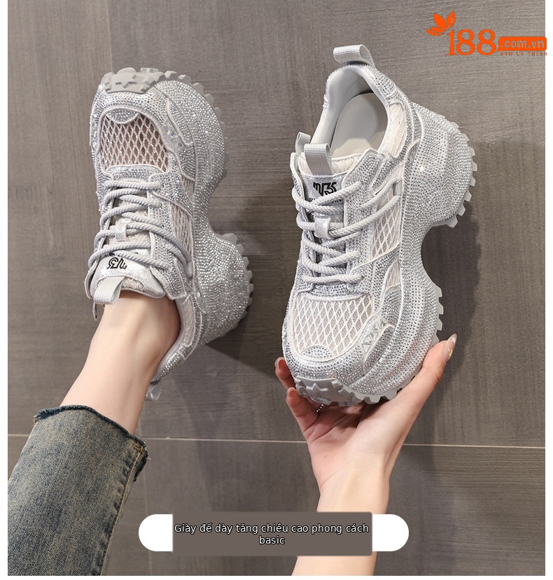 Giày sneaker nữ đế dày phối đá đính đầy mặt lưới thoáng khí — Xám bạc chi tiết 1