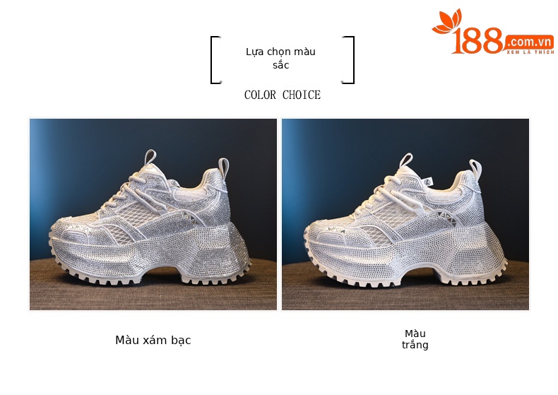 Giày sneaker nữ đế dày phối đá đính đầy mặt lưới thoáng khí — Xám bạc chi tiết 2