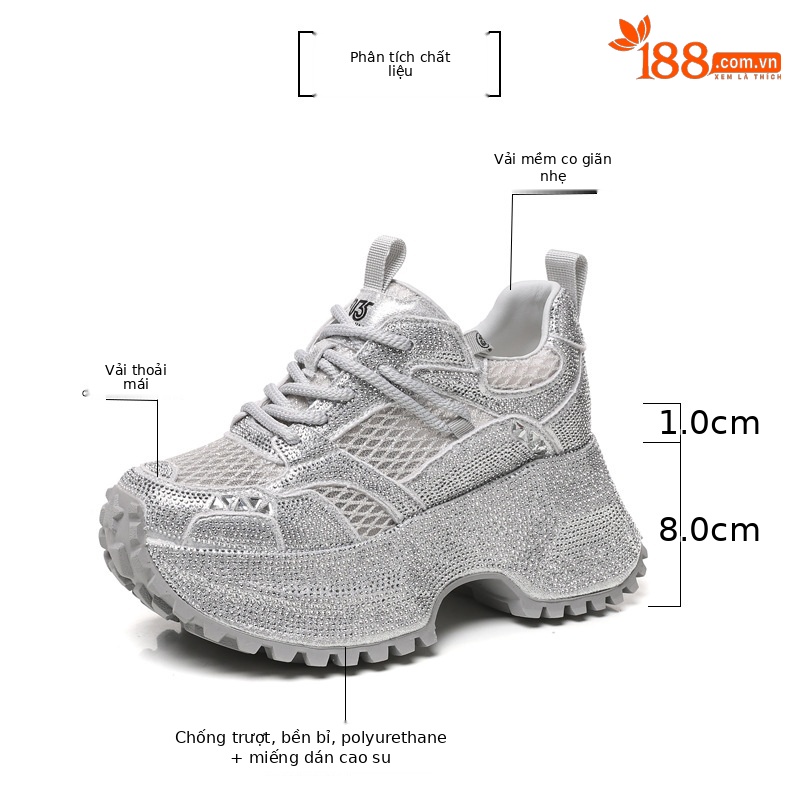 Giày sneaker nữ đế dày phối đá đính đầy mặt lưới thoáng khí — Xám bạc chi tiết 3