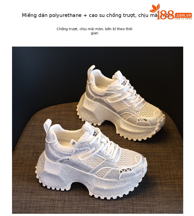 Giày sneaker nữ đế dày phối đá đính đầy mặt lưới thoáng khí — Xám bạc chi tiết 9