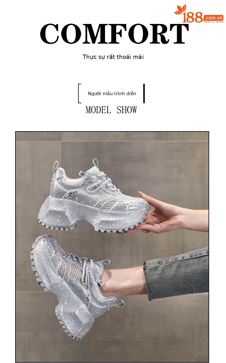 Giày sneaker nữ đế dày phối đá đính đầy mặt lưới thoáng khí — Xám bạc chi tiết 10