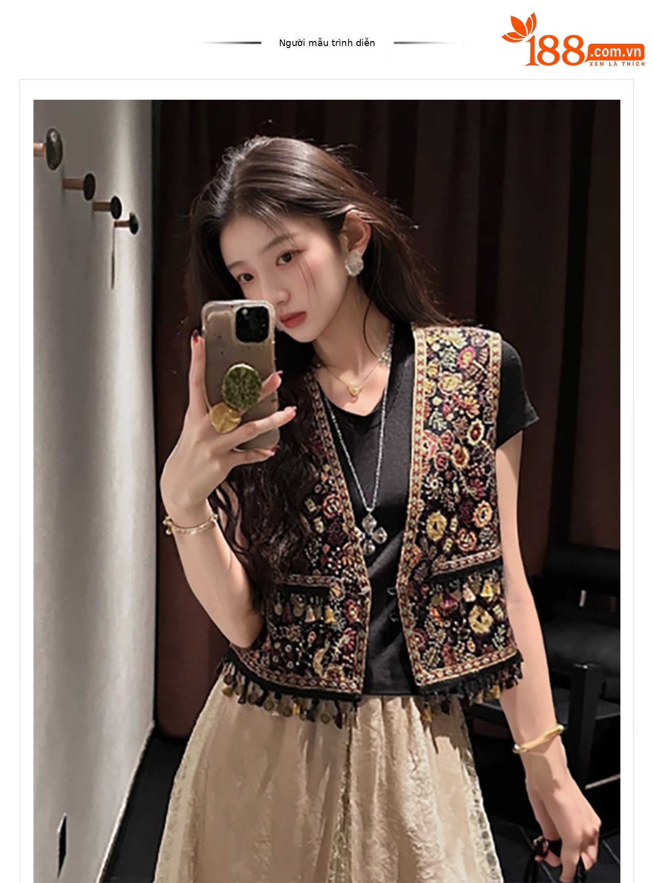 Áo vest không tay ngắn phong cách Trung Hoa thêu hoa tua rua ZX N4078 — Màu đỏ cam chi tiết 1