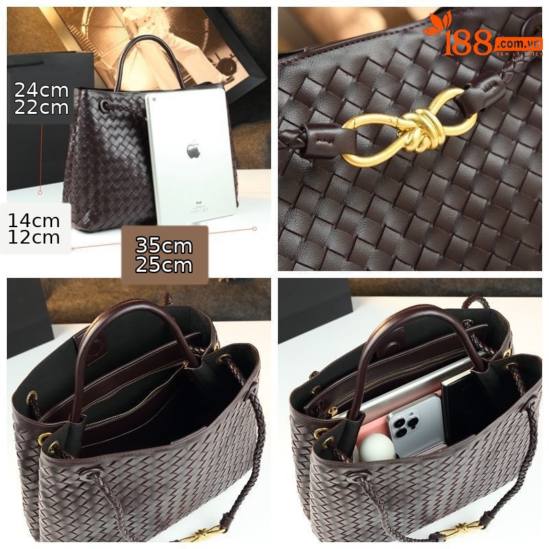 Túi tote da nữ dệt kim đáy rộng khóa cài — Cỡ lớn màu đỏ rượu, Cỡ to màu nâu, Cỡ lớn màu xám, Cỡ lớn màu đen