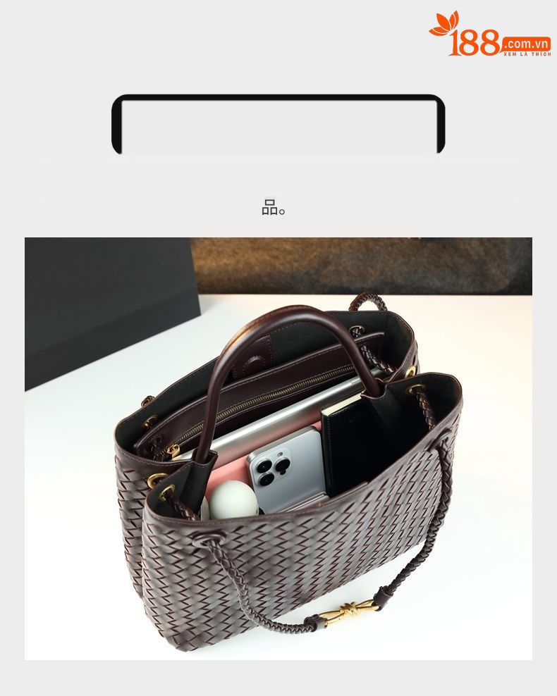 Túi tote da nữ dệt kim đáy rộng khóa cài — Cỡ lớn màu đỏ rượu, Cỡ to màu nâu, Cỡ lớn màu xám, Cỡ lớn màu đen chi tiết 8