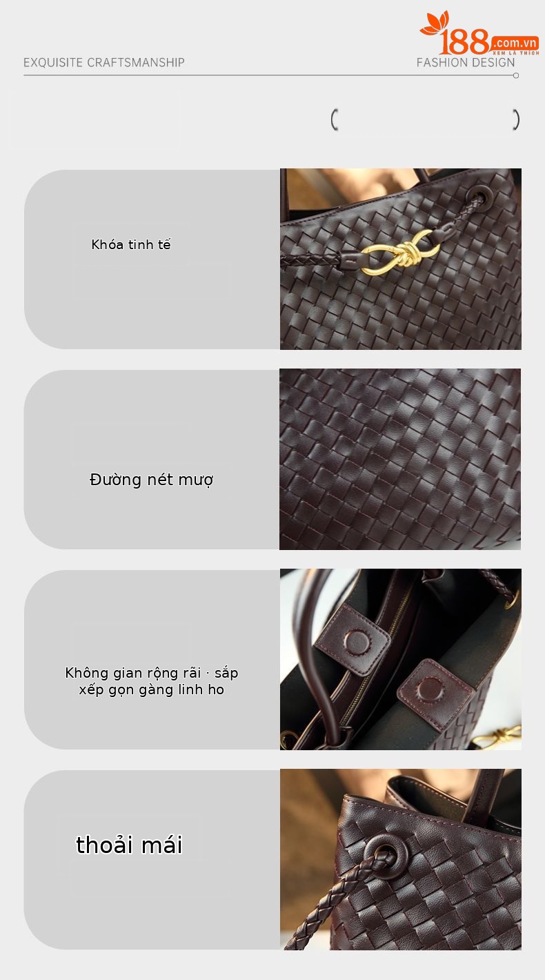 Túi tote da nữ dệt kim đáy rộng khóa cài — Cỡ lớn màu đỏ rượu, Cỡ to màu nâu, Cỡ lớn màu xám, Cỡ lớn màu đen chi tiết 2