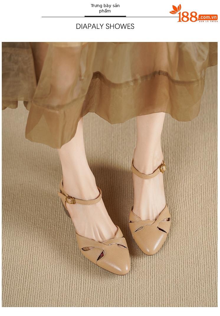 Sandal nữ da dê nguyên tấm mũi khoét gót vuông đế xuồng — Màu trắng nhạt chi tiết 2