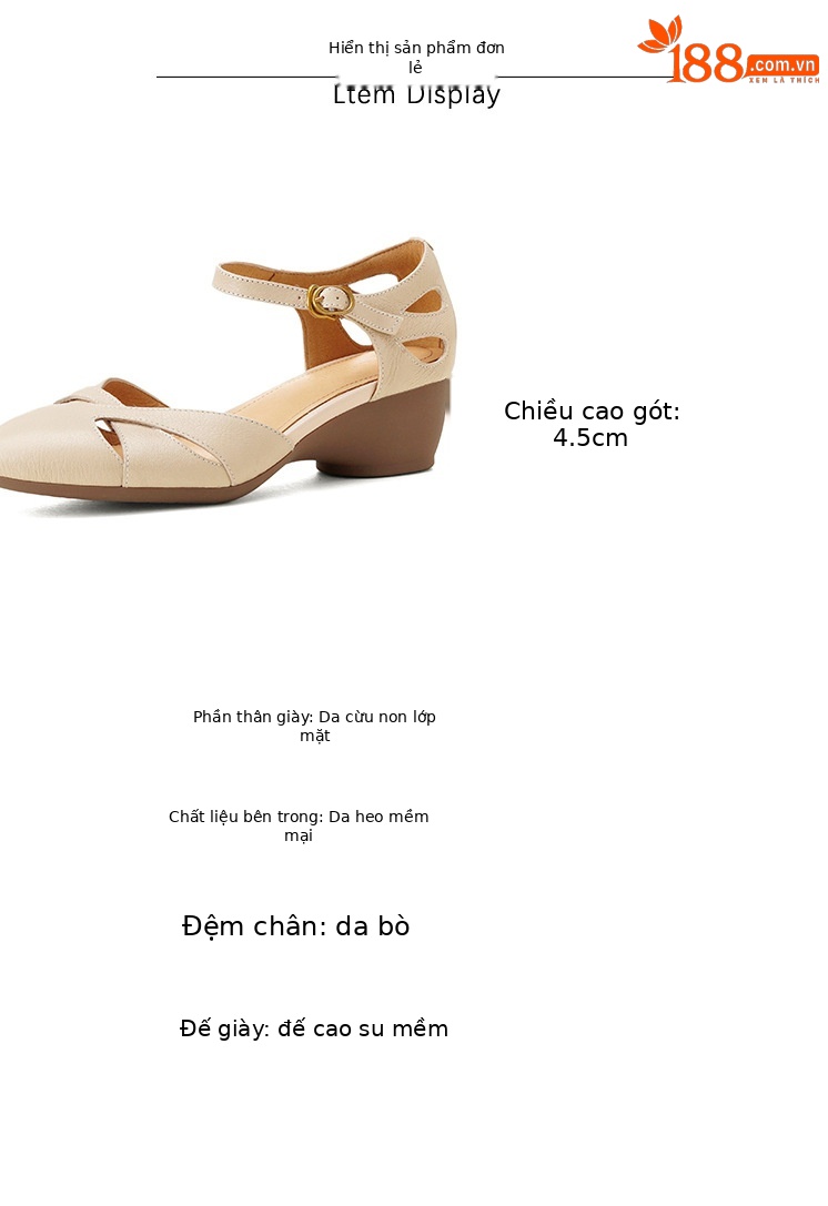 Sandal nữ da dê nguyên tấm mũi khoét gót vuông đế xuồng — Màu trắng nhạt chi tiết 3