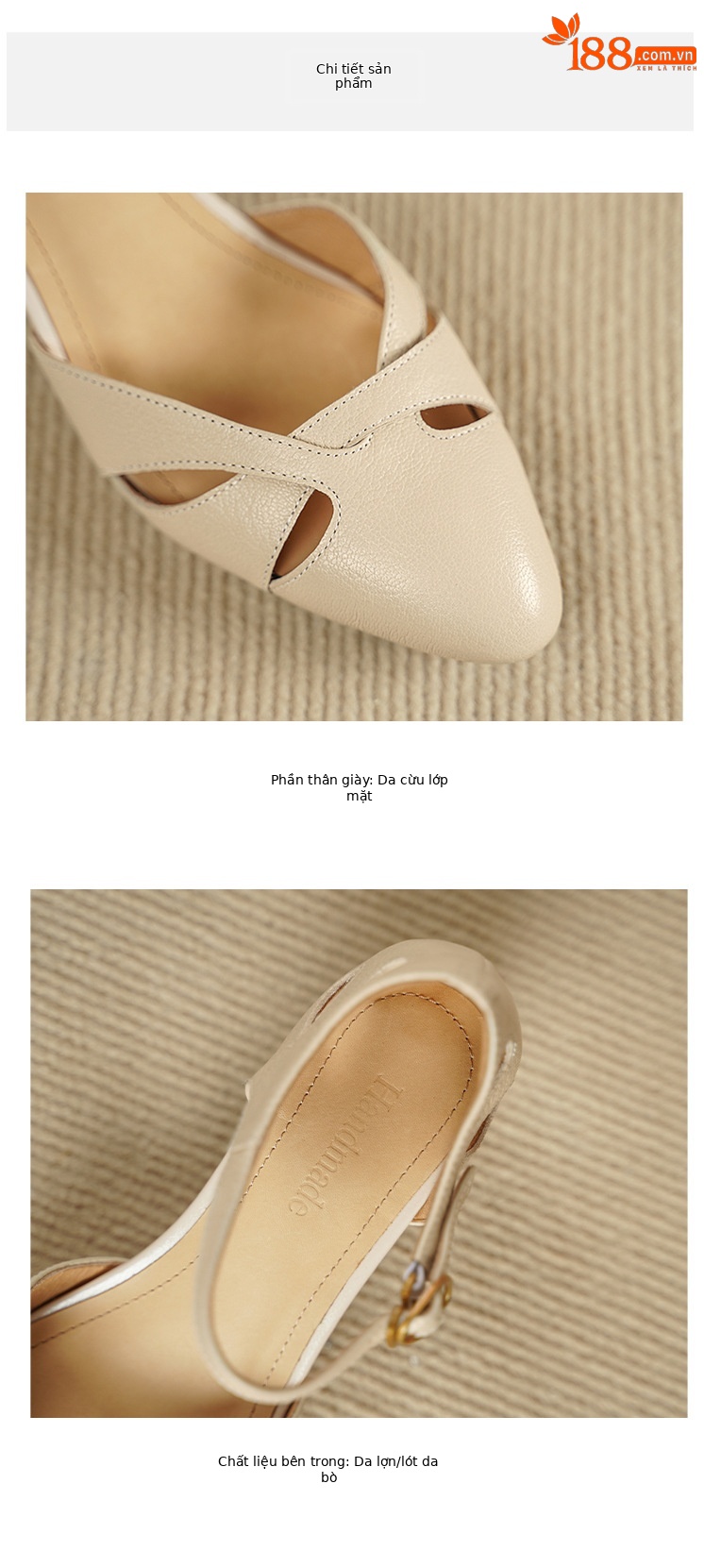 Sandal nữ da dê nguyên tấm mũi khoét gót vuông đế xuồng — Màu trắng nhạt chi tiết 12