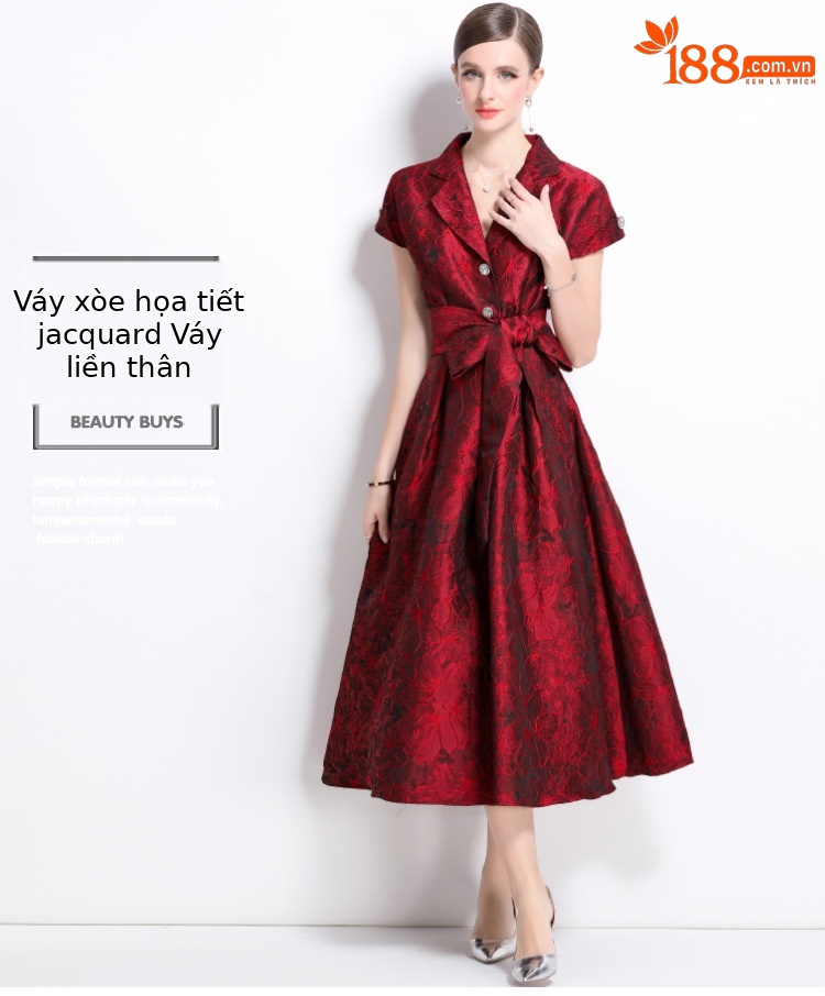 Đầm maxi nữ thắt eo kiểu Pháp tay ngắn cổ bẻ jacquard thanh lịch mùa hè 2025 — Màu xanh lam, Màu tím, Màu hồng, Màu đỏ chi tiết 1